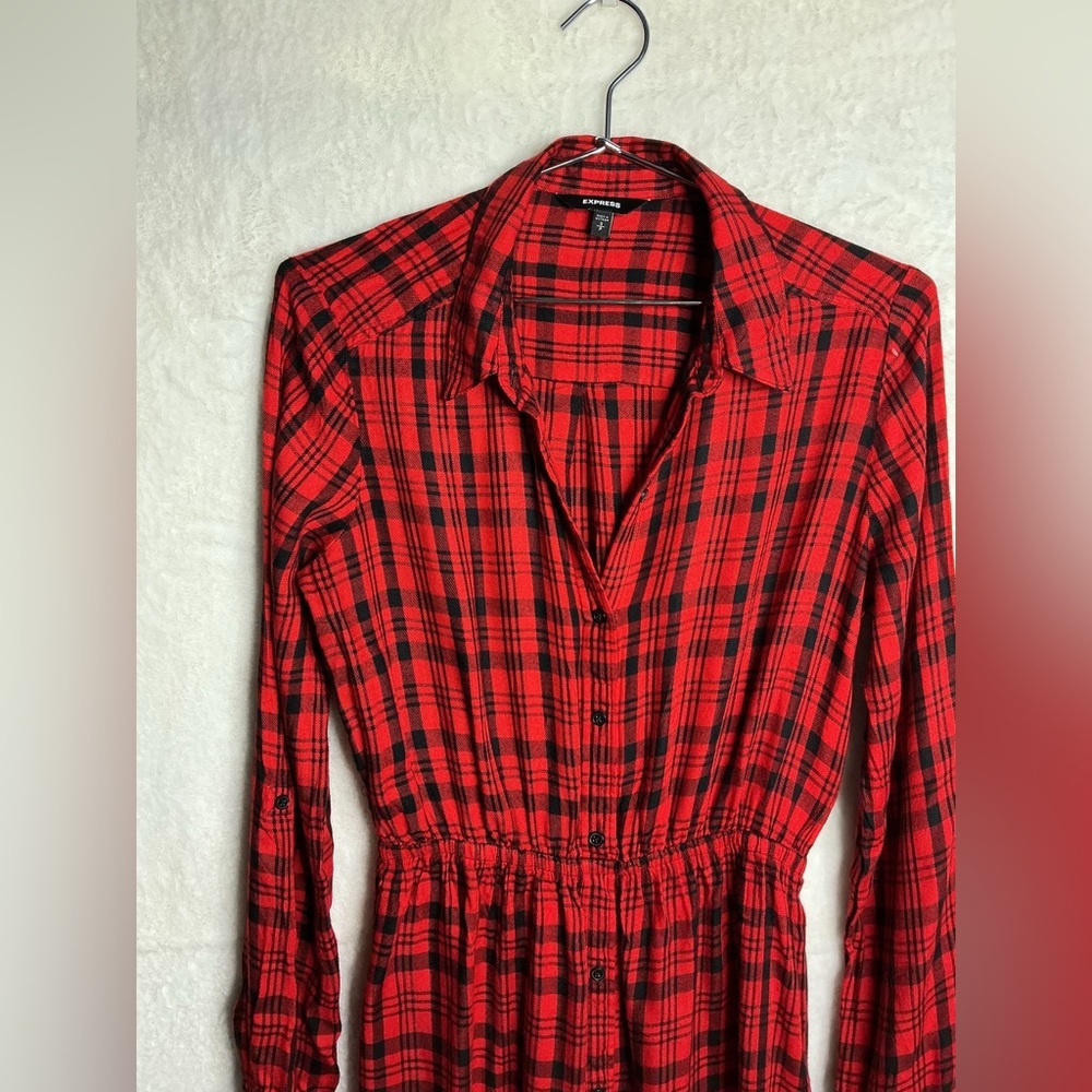 Express Red Checkered Long Sleeve Dress size S - Picture 3 of 12